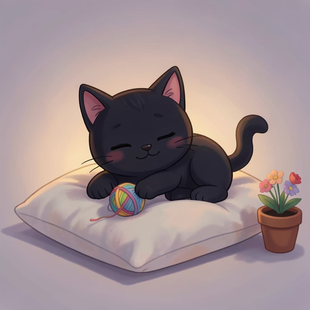 Playful black cat with yarn ball